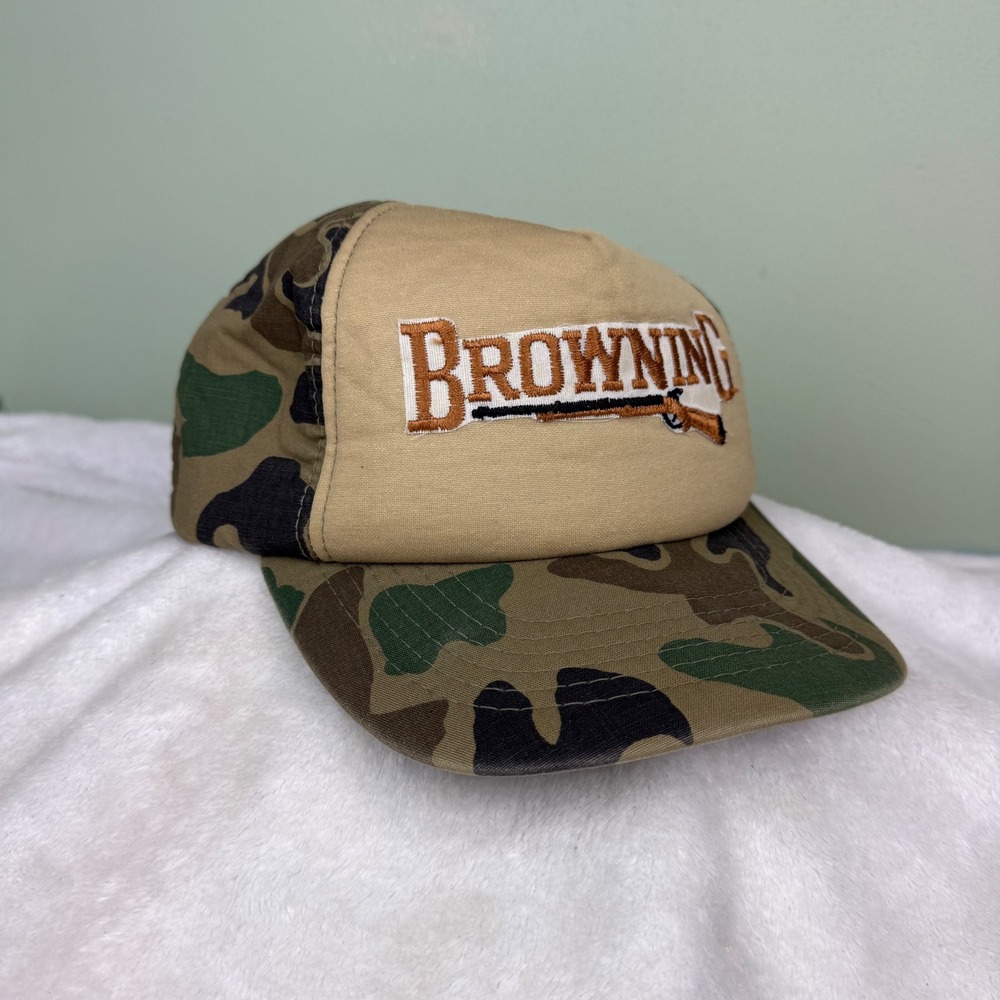 Vintage Browning Camo Snapback Hat Logo Hunting Fishing Cap Tan Brown‎